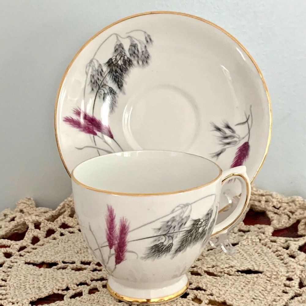 Vtg Tea Cup Saucer Duo Magenta and Black Wheat Grass Ainsdale England